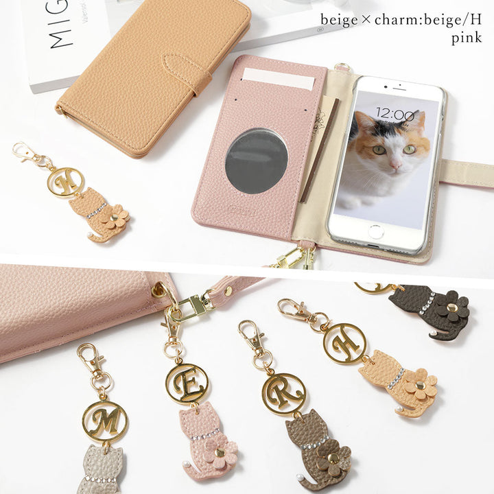 Vegan leather dusty color strap & cat flower initial charm attached notebook-style case (with belt) AQUOS series