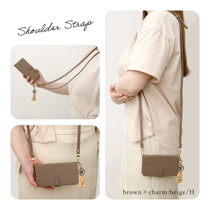 ヴィーガンレザー ダスティカラー ストラップ＆ネコフラワーイニシャルチャーム付き 手帳型ケース（ベルトあり）