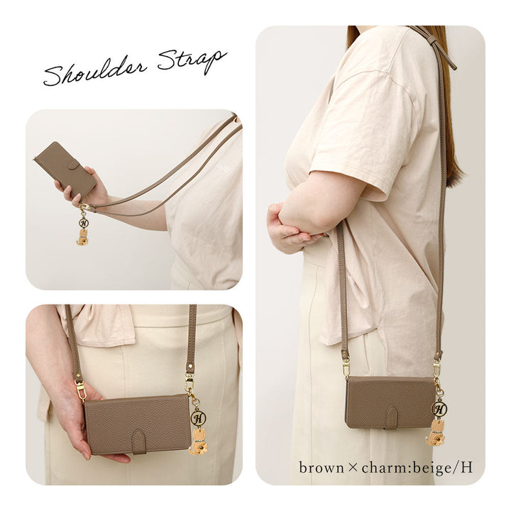 Vegan leather dusty color strap & cat flower initial charm attached notebook-style case (with belt) for iPhone series