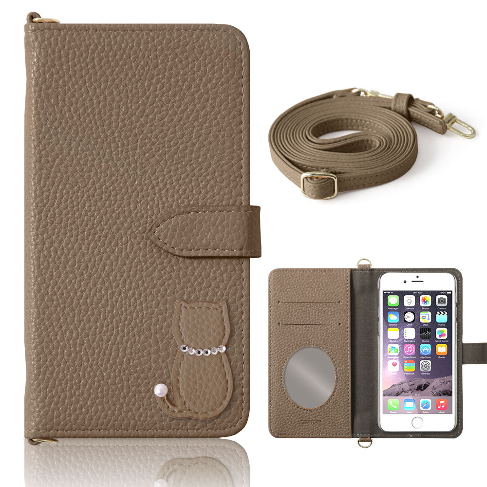 Vegan leather dusty color cat motif strap attached notebook-style case (with belt) for iPhone series