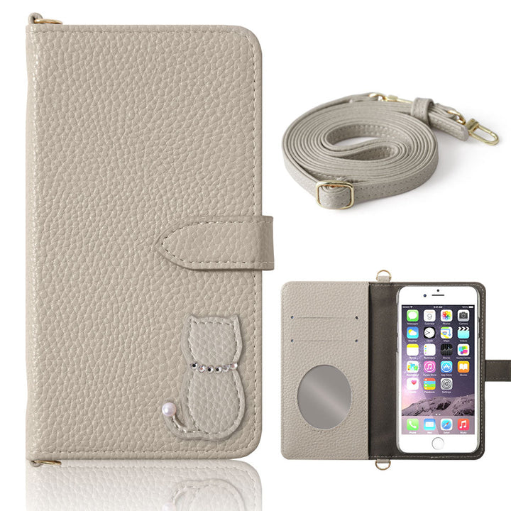 Vegan leather dusty color cat motif strap attached notebook-style case (with belt) for iPhone series