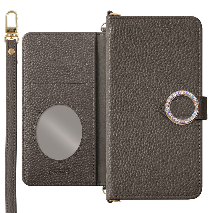 Vegan leather dusty color round stone strap attached notebook-style case (with belt) for iPhone series