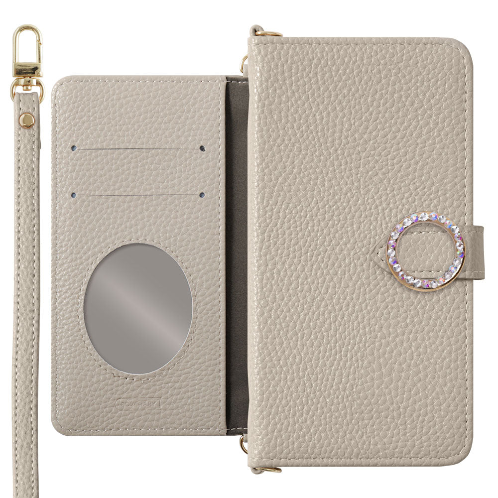 Étui portefeuille avec sangle en cuir végan couleur poussiéreuse et pierre ronde (avec ceinture) pour la série Xperia