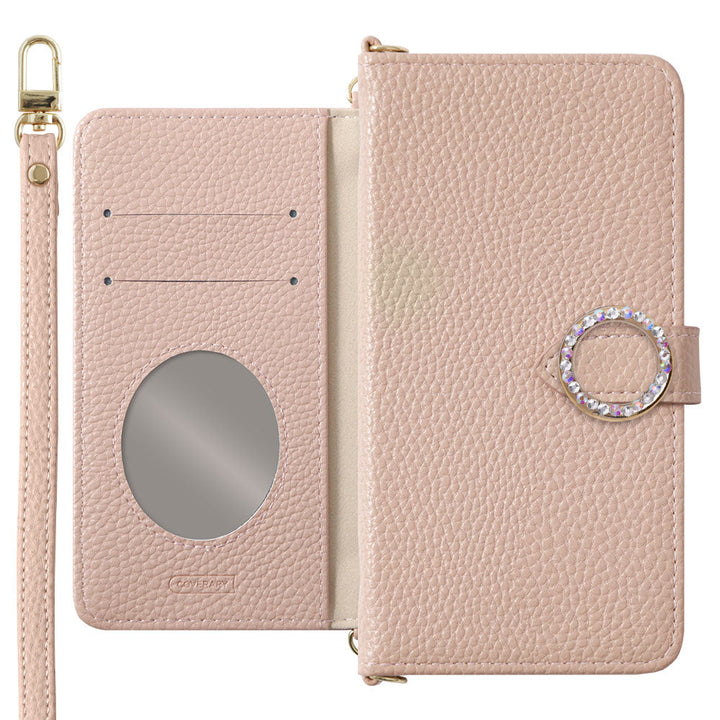 Vegan leather dusty color round stone strap attached notebook-style case (with belt) for iPhone series