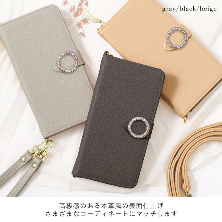Étui portefeuille avec sangle en cuir végan couleur poussiéreuse et pierre ronde (avec ceinture) pour la série Xperia