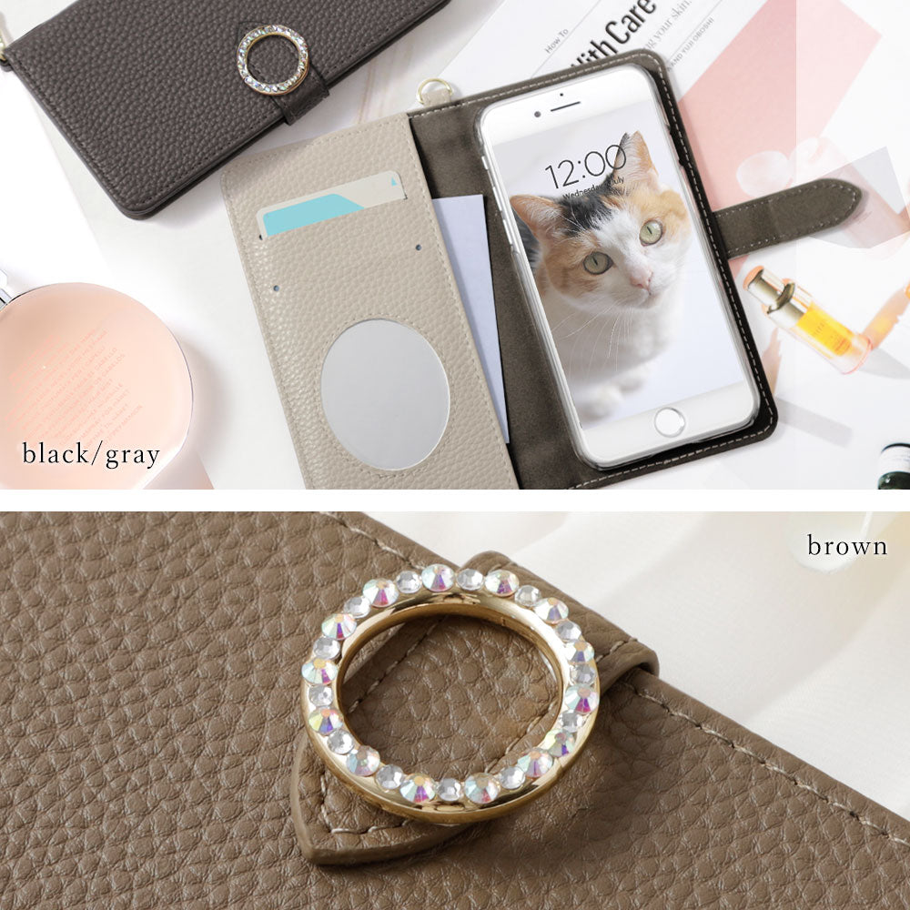 Vegan leather dusty color round stone strap attached notebook-style case (with belt) for iPhone series