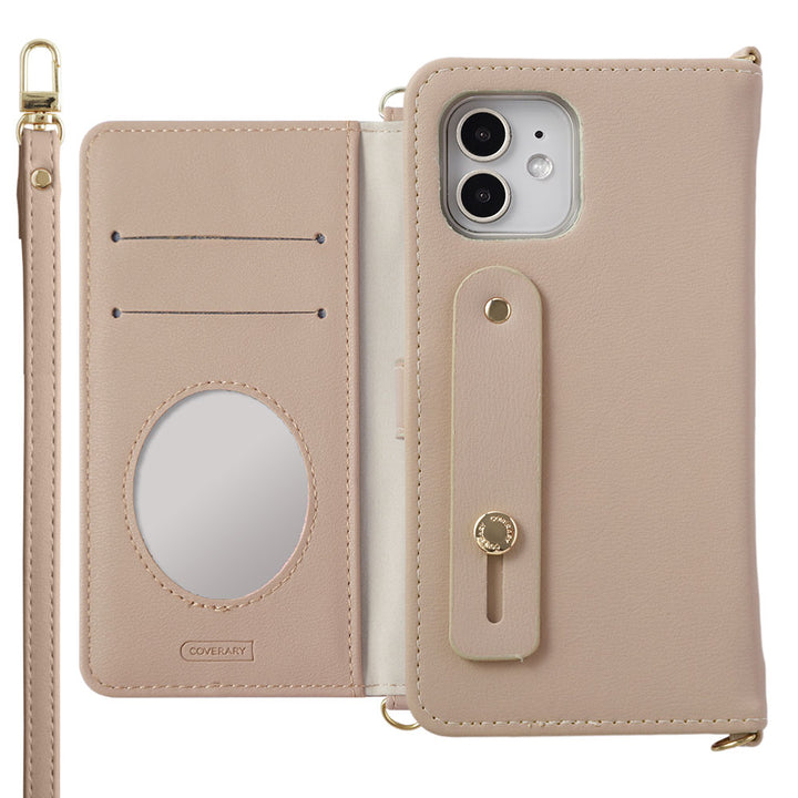 ヴィーガンレザー くすみパステル フィンガーベルト＆ショルダーストラップ付き 手帳型ケース （ベルトあり）