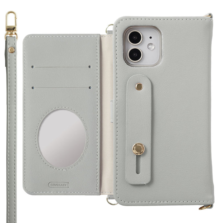 ヴィーガンレザー くすみパステル フィンガーベルト＆ショルダーストラップ付き 手帳型ケース （ベルトあり）