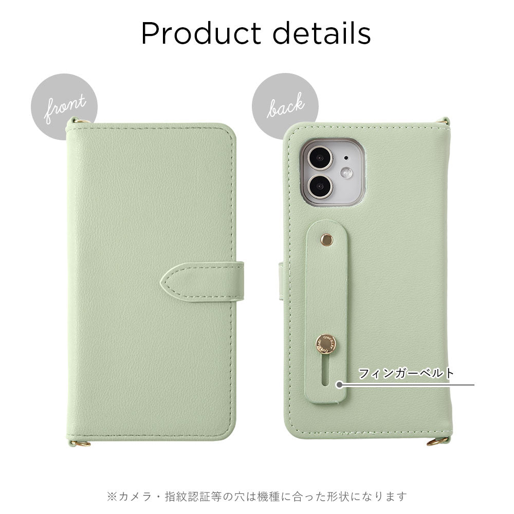 Vegan leather muted pastel initial finger belt & shoulder strap attached notebook-style case (with belt) for iPhone series