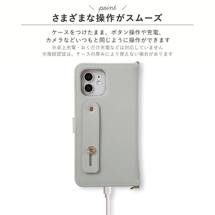 Vegan leather muted pastel initial finger belt & shoulder strap attached notebook-style case (with belt) for iPhone series