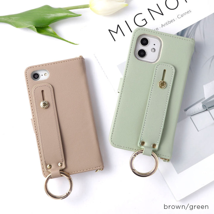 ヴィーガンレザー くすみパステル ハンドベルト＆ショルダーストラップ付き 手帳型ケース（ベルトあり） iPhoneシリーズ