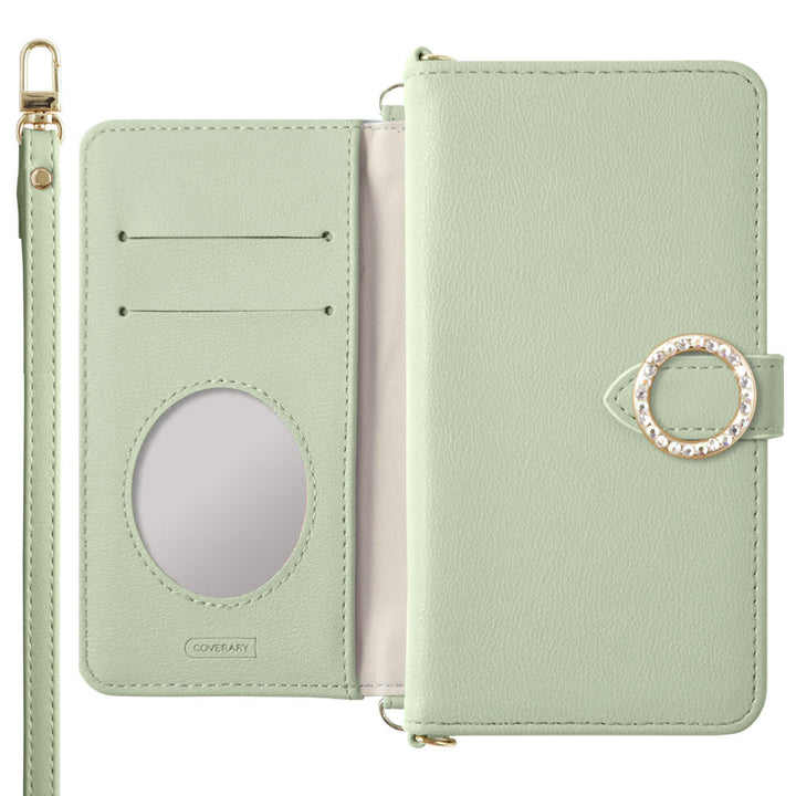 Vegan leather muted pastel round stone shoulder strap notebook-style case (with belt) for iPhone series