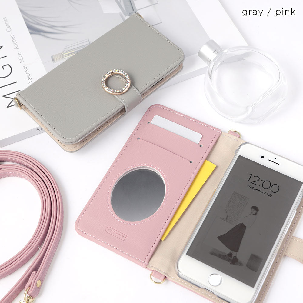 Vegan leather muted pastel round stone shoulder strap notebook-style case (with belt) for iPhone series
