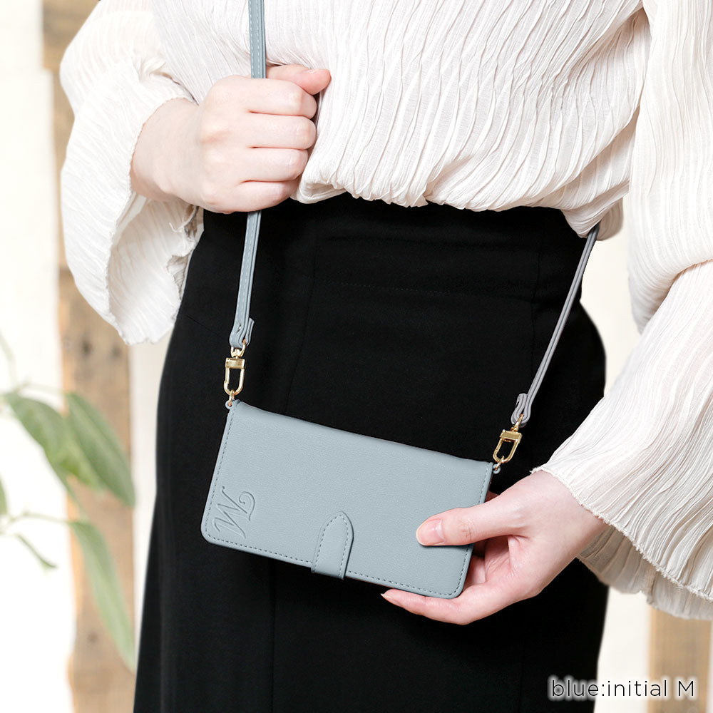 Étui portefeuille avec sangle d'épaule et initiales en cuir végan pastel terne (avec ceinture) pour la série Xperia