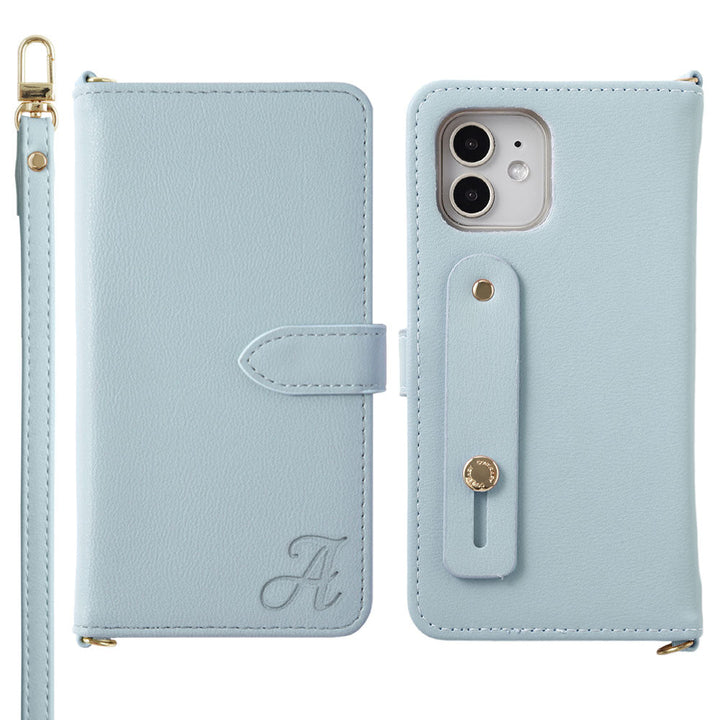 Vegan leather muted pastel initial finger belt & shoulder strap attached notebook-style case (with belt) for iPhone series
