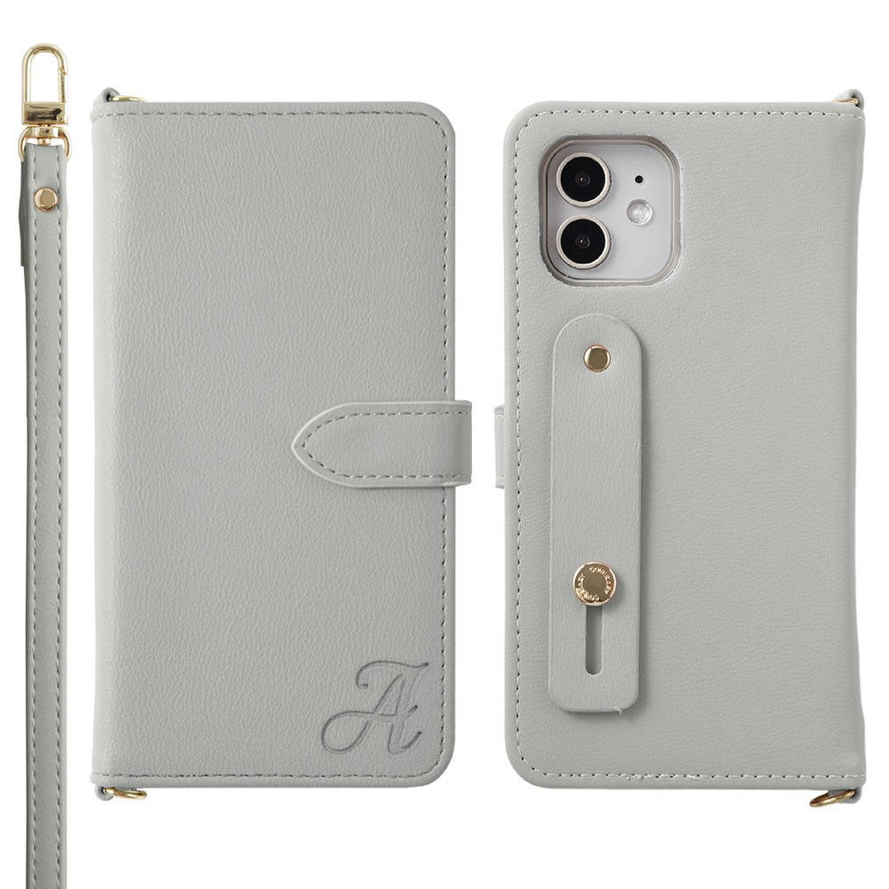 Étui portefeuille avec ceinture à doigt et bandoulière, en cuir végan pastel terne avec initiale (avec ceinture) pour la série Google Pixel