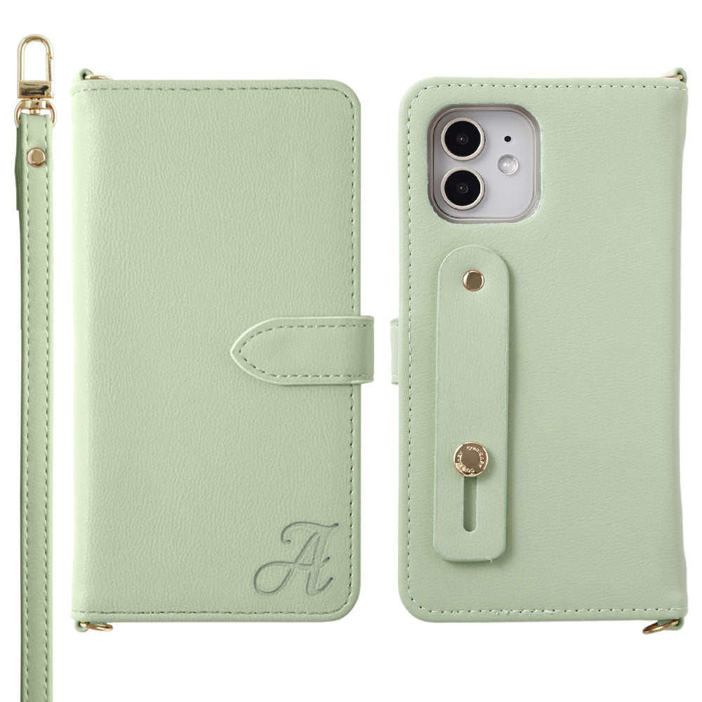 Vegan leather muted pastel initial finger belt & shoulder strap attached notebook-style case (with belt) for iPhone series