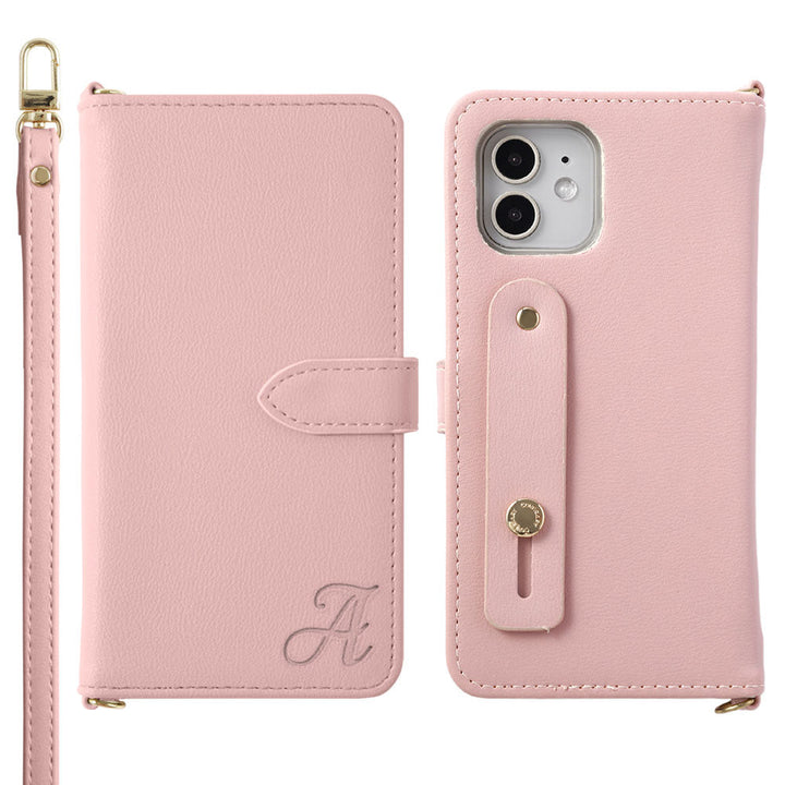 Étui portefeuille avec ceinture à doigt et bandoulière, en cuir végan pastel terne avec initiale (avec ceinture) pour la série Google Pixel