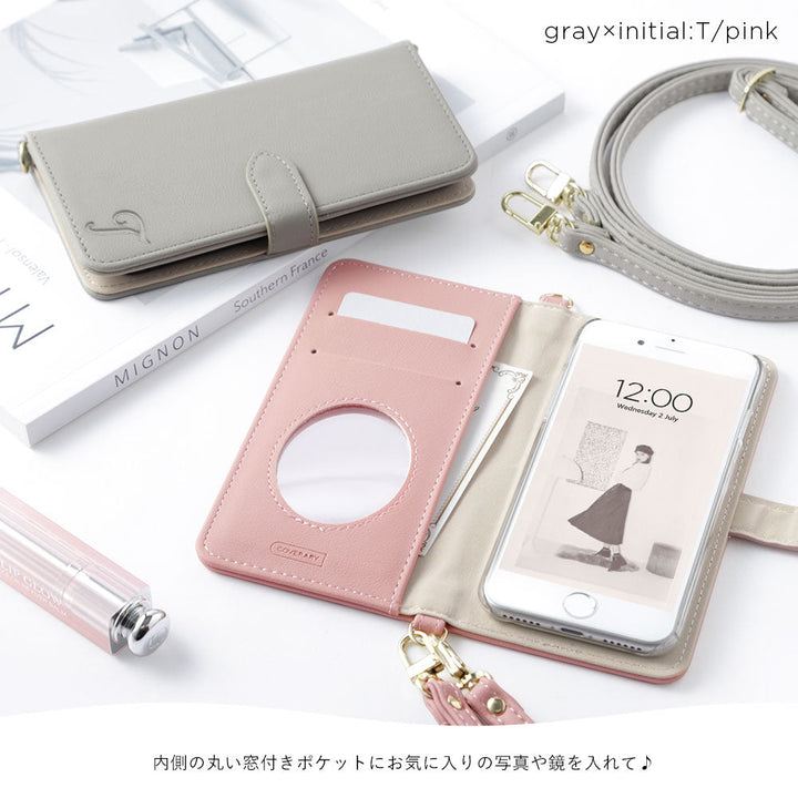 Vegan leather muted pastel initial finger belt & shoulder strap attached notebook-style case (with belt) for iPhone series