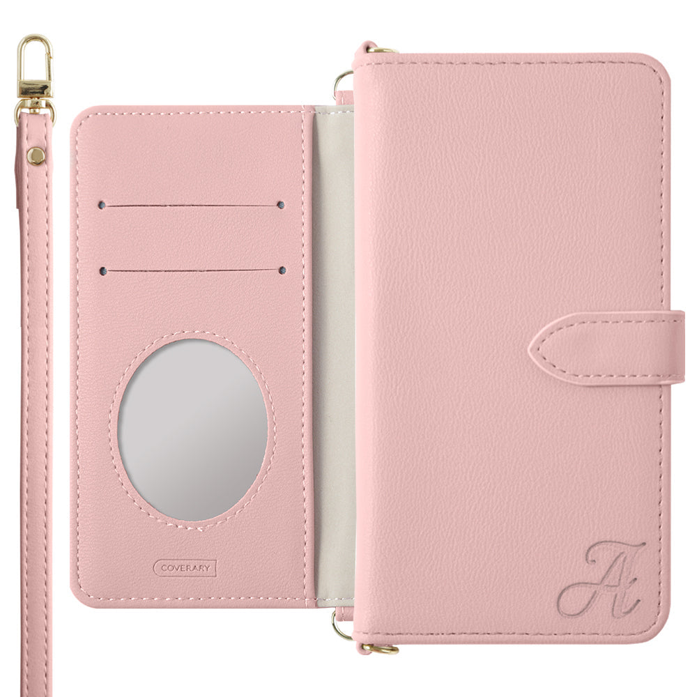 Étui portefeuille avec sangle d'épaule et initiales en cuir végan pastel terne (avec ceinture) pour la série Xperia