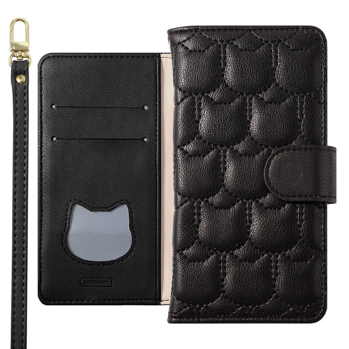 Vegan leather cat quilting notebook-style case with shoulder strap (with belt) for Google Pixel series
