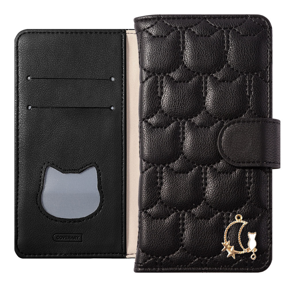 Vegan Leather Cat Quilting Moon Cat Deco Wallet Case (with Belt)
