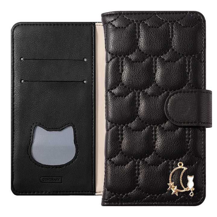 Vegan Leather Cat Quilting Moon Cat Deco Wallet Case (with Belt)