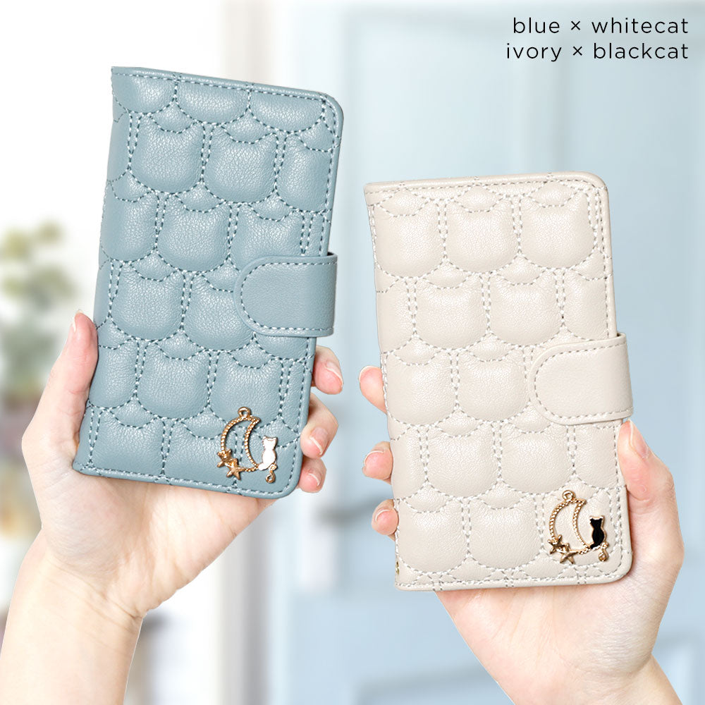 Vegan Leather Cat Quilting Moon Cat Deco Wallet Case (with Belt)