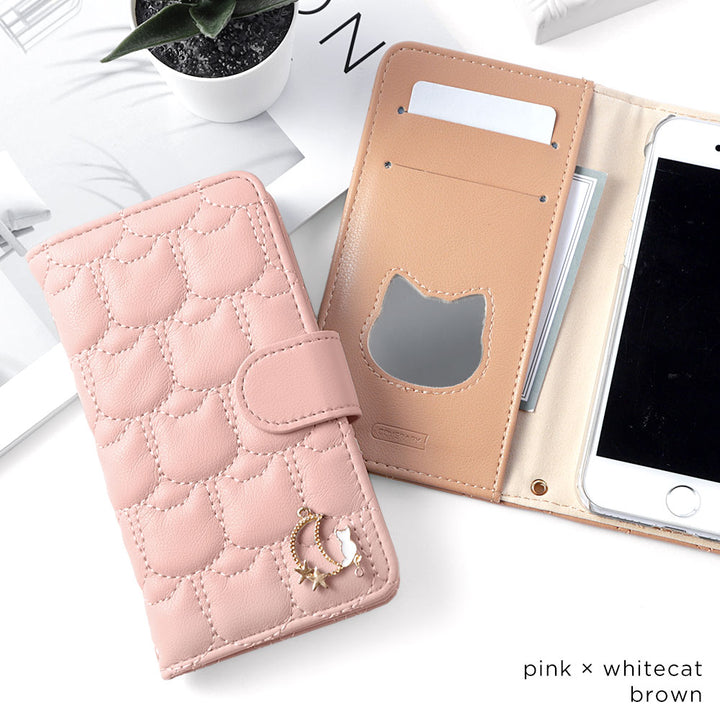 Vegan Leather Cat Quilting Moon Cat Deco Wallet Case (with Belt)