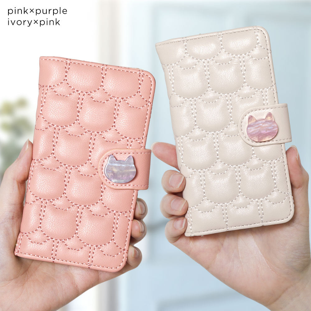 Étui portefeuille à rabat avec décoration chat en cuir végan matelassé chat pour la série AQUOS