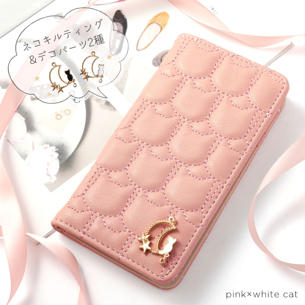 ヴィーガンレザー ネコキルティング ムーンキャットデコ 手帳型ケース Galaxyシリーズ