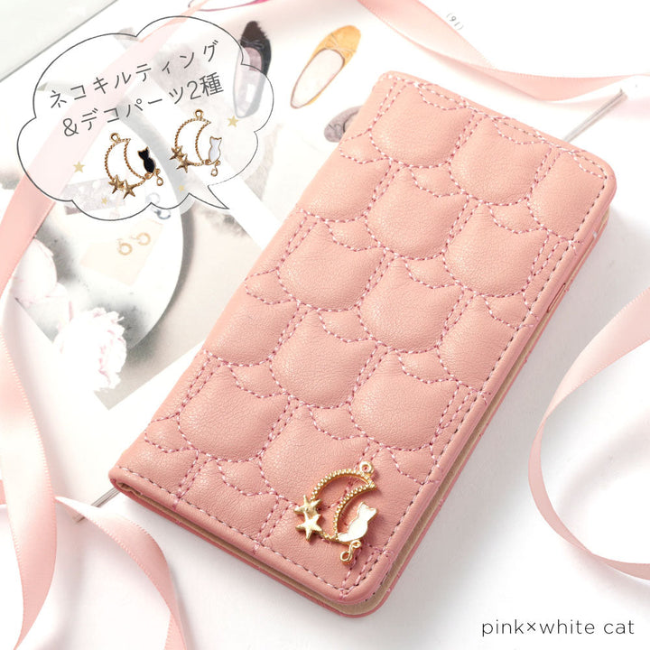 ヴィーガンレザー ネコキルティング ムーンキャットデコ 手帳型ケース Galaxyシリーズ
