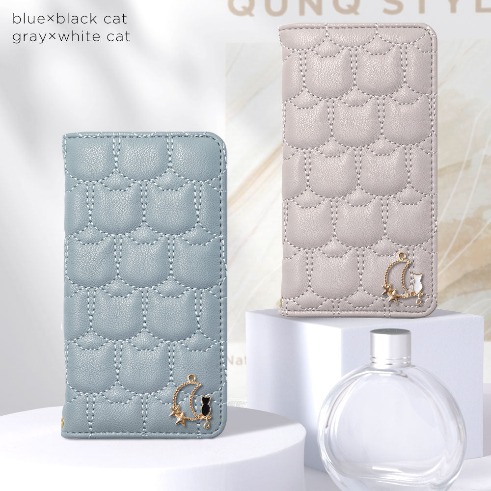 ヴィーガンレザー ネコキルティング ムーンキャットデコ 手帳型ケース Galaxyシリーズ
