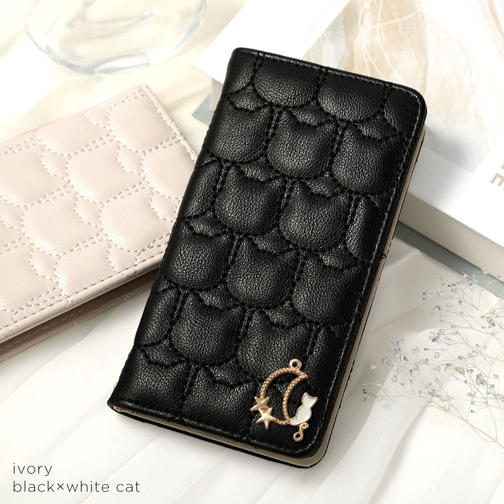 ヴィーガンレザー ネコキルティング ムーンキャットデコ 手帳型ケース AQUOSシリーズ