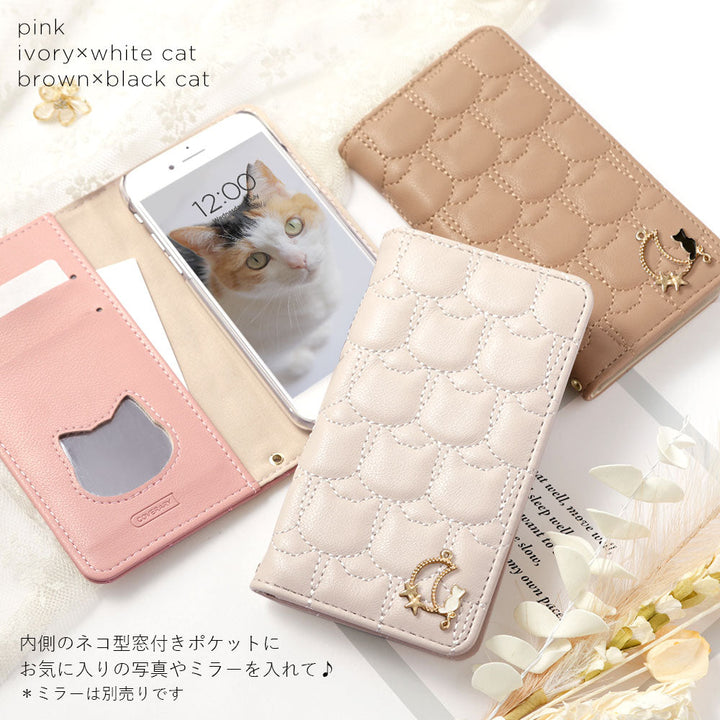 ヴィーガンレザー ネコキルティング ムーンキャットデコ 手帳型ケース iPhoneシリーズ