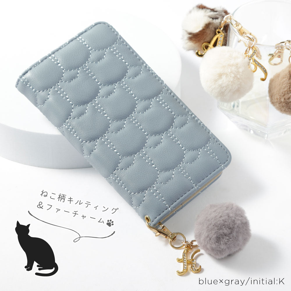 Vegan leather cat quilting initial fur charm attached notebook-style case for iPhone series