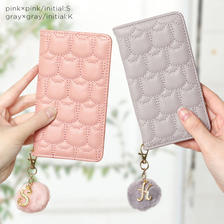 Vegan leather cat quilting initial fur charm attached notebook-style case for iPhone series