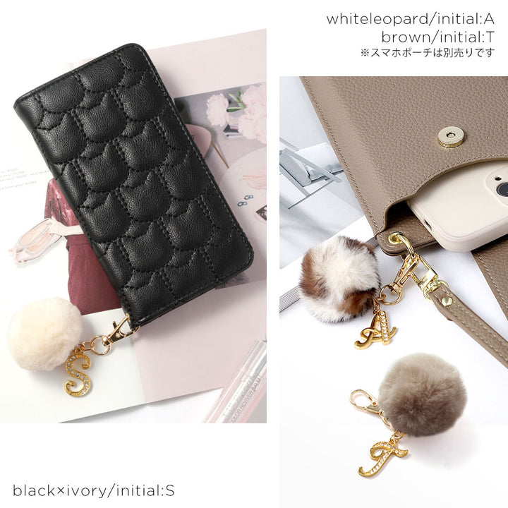 ヴィーガンレザー ネコキルティング イニシャルファーチャーム付き 手帳型ケース