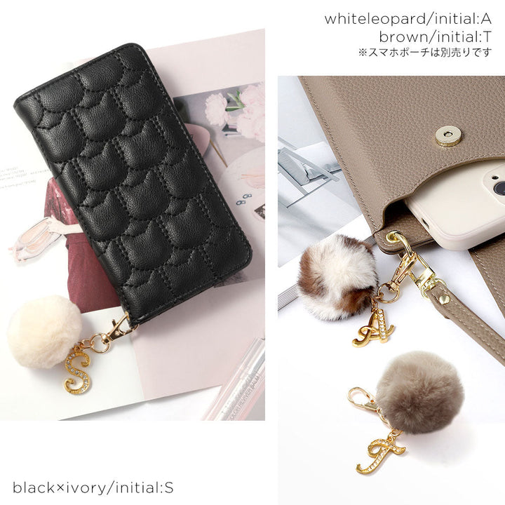 Vegan leather cat quilting initial fur charm attached notebook-style case AQUOS series