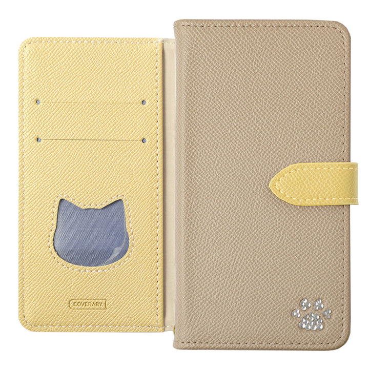 Étui portefeuille en cuir végan avec poche en forme de chat, bicolore, fonction support, décoration en pierre (avec ceinture)