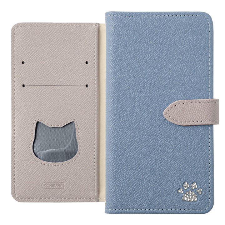 Vegan leather cat-shaped pocket bicolor stand function stone decoration notebook-style case (with belt) AQUOS series