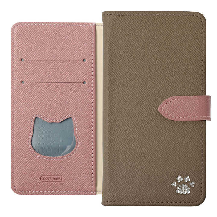 Vegan leather cat-shaped pocket bicolor stand function stone decoration notebook-style case (with belt) Galaxy series