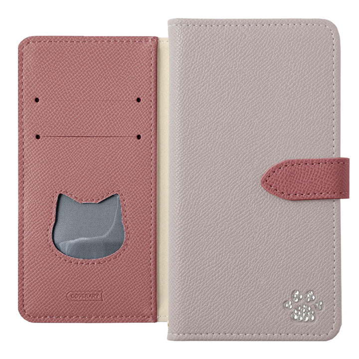 Vegan leather cat-shaped pocket bicolor stand function stone decoration notebook-style case (with belt) AQUOS series
