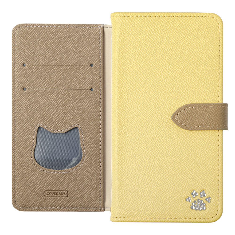 Étui portefeuille en cuir végan avec poche en forme de chat, bicolore, fonction support, décoration en pierre (avec ceinture)