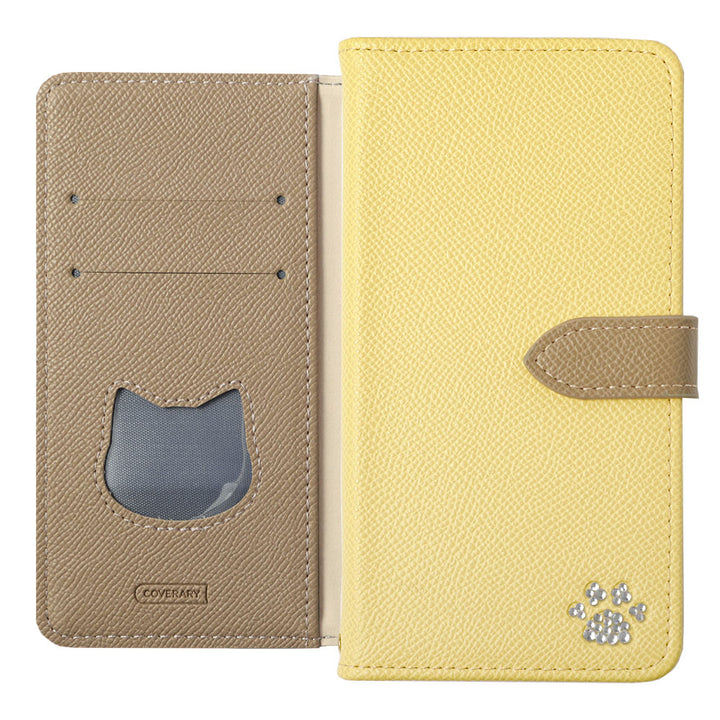 Étui portefeuille en cuir végan avec poche en forme de chat, bicolore, fonction support, décoration en pierre (avec ceinture)