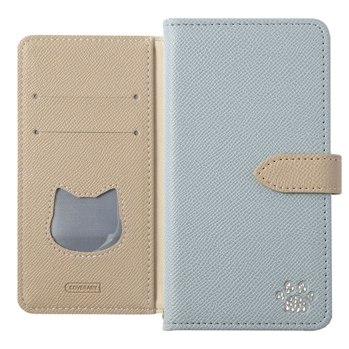 Vegan leather cat-shaped pocket bicolor stand function stone decoration notebook-style case (with belt) Galaxy series