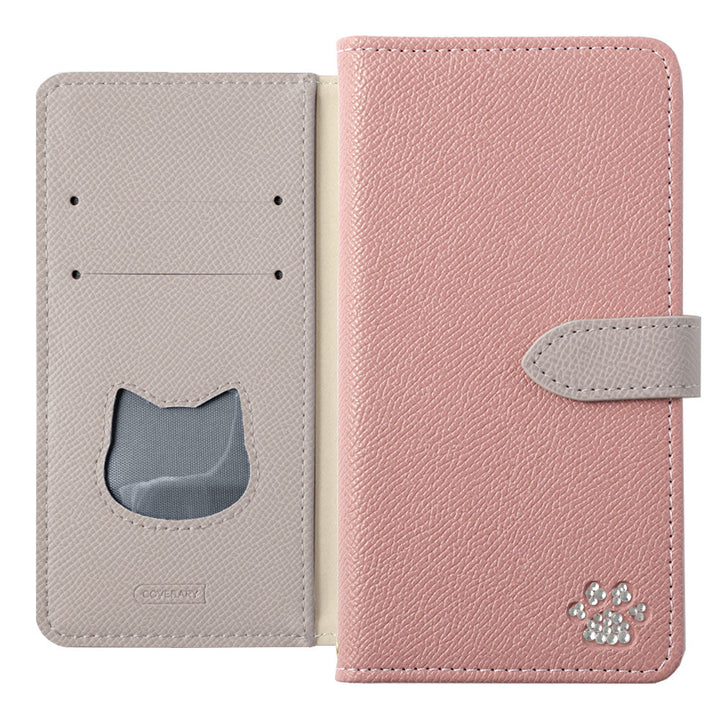 Vegan leather cat-shaped pocket bicolor stand function stone decoration notebook-style case (with belt) AQUOS series