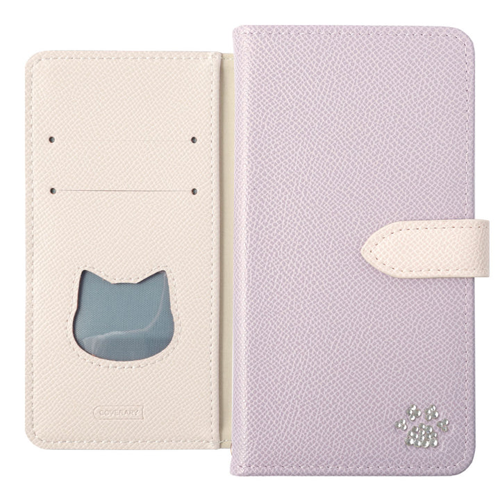 Étui portefeuille en cuir végan avec poche en forme de chat, bicolore, fonction support, décoration en pierre (avec ceinture)