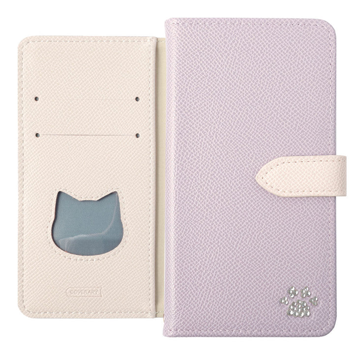 Vegan leather cat-shaped pocket bicolor stand function stone decoration notebook-style case (with belt) AQUOS series