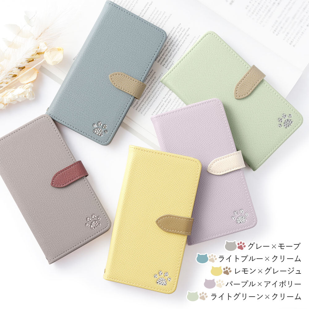 Étui portefeuille en cuir végan avec poche en forme de chat, bicolore, fonction support, décoration en pierre (avec ceinture)